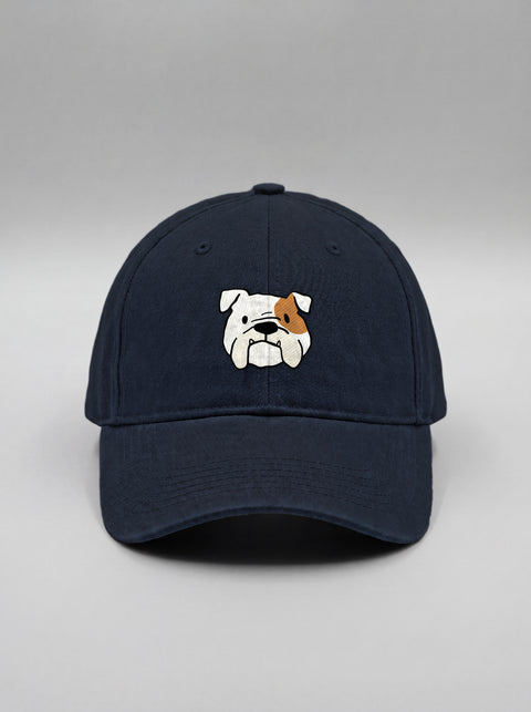 Navy blue baseball cap with embroidered english bulldog face, front view