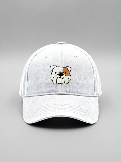 White baseball cap with embroidered english bulldog face, front view