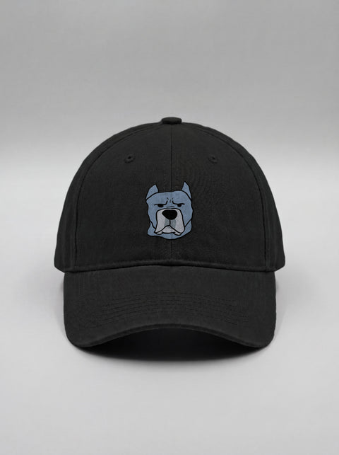 Black baseball cap with embroidered cane corso face, front view