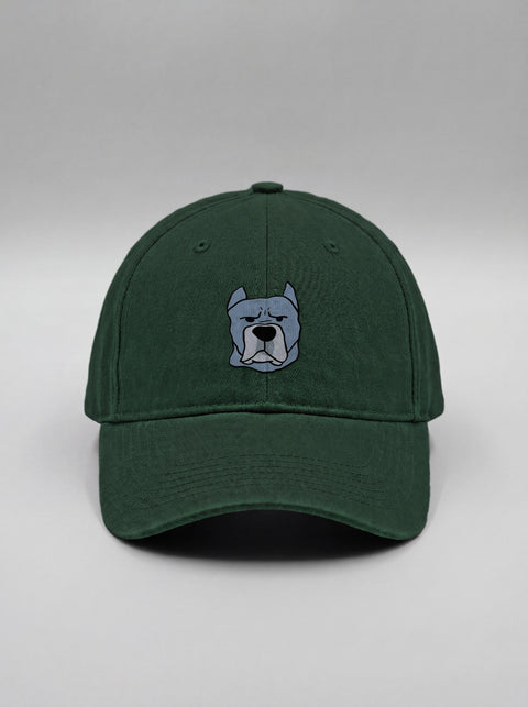 Bottle green baseball cap with embroidered cane corso face, front view