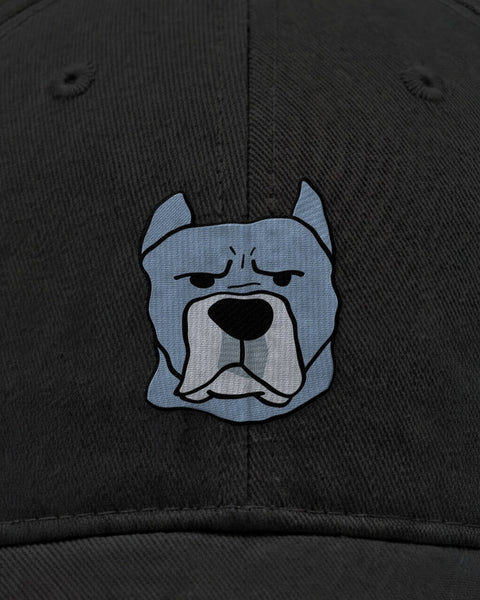 Embroidered cane corso face in satin stitch on a black baseball cap, close up