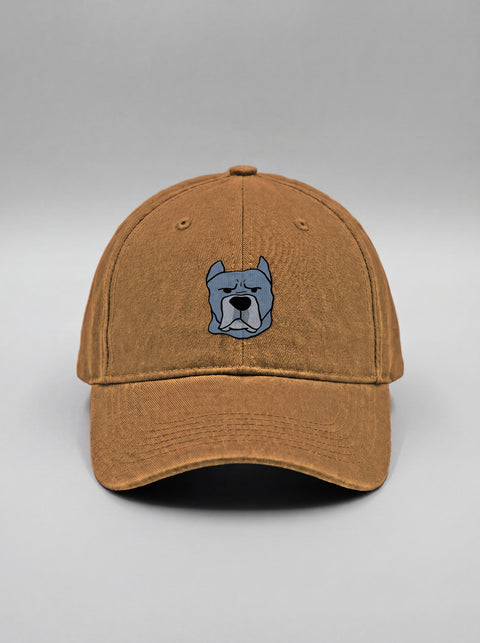 Khaki baseball cap with embroidered cane corso face, front view