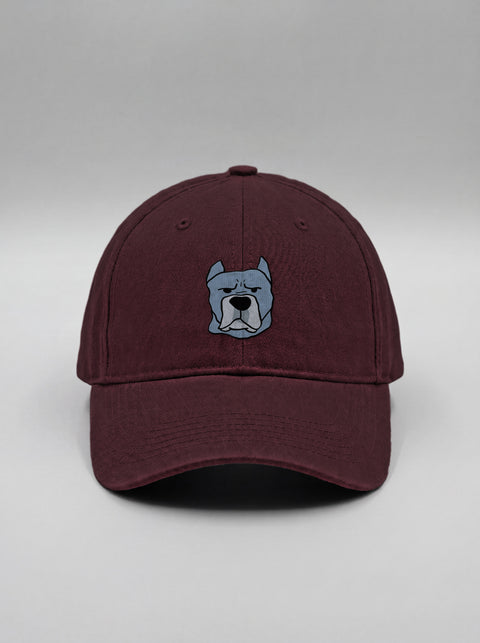 Maroon baseball cap with embroidered cane corso face, front view