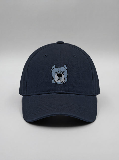 Navy blue baseball cap with embroidered cane corso face, front view