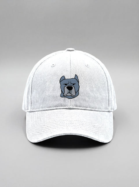 White baseball cap with embroidered cane corso face, front view