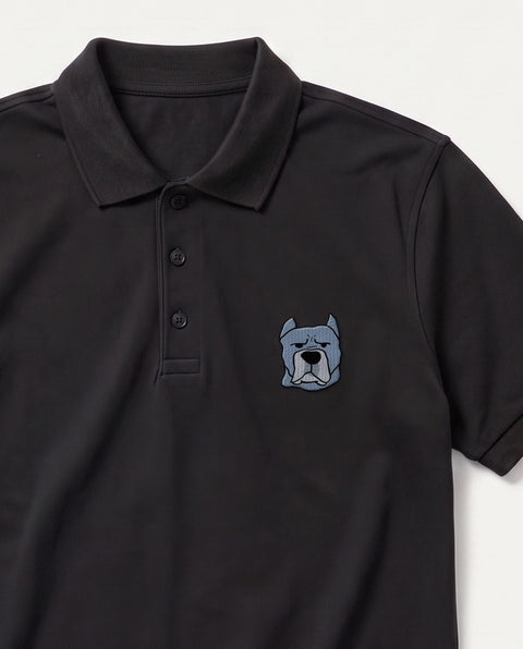 Black embroidered Cane Corso polo, close-up of collar, button placket, and satin-stitch chest patch