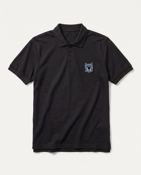 Black polo shirt with embroidered Cane Corso face on the chest, front flat lay