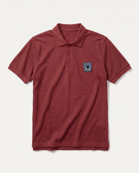 Brick Red polo shirt with embroidered Cane Corso face on the chest, front flat lay