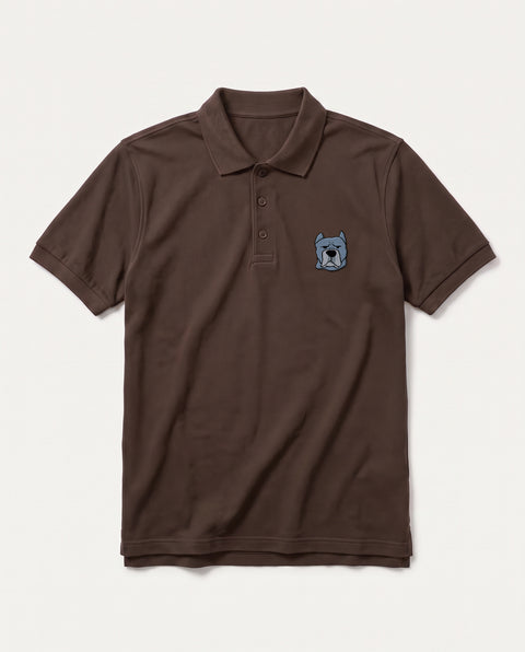 Coffee Brown polo shirt with embroidered Cane Corso face on the chest, front flat lay