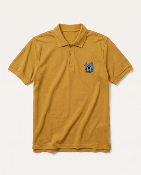 Mustard Yellow polo shirt with embroidered Cane Corso face on the chest, front flat lay