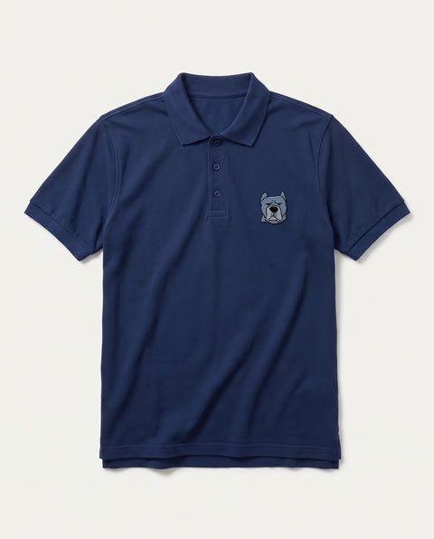 Navy Blue polo shirt with embroidered Cane Corso face on the chest, front flat lay