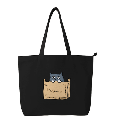 Cat In A Box black cotton tote bag printed with a grey cat sitting inside a HOOMANS cardboard box
