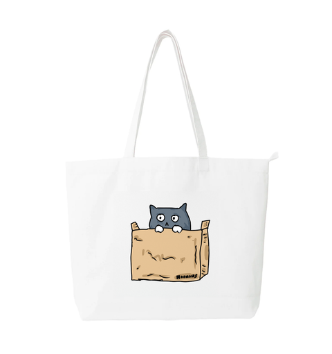 Cat In A Box white cotton tote bag printed with a grey cat sitting inside a HOOMANS cardboard box