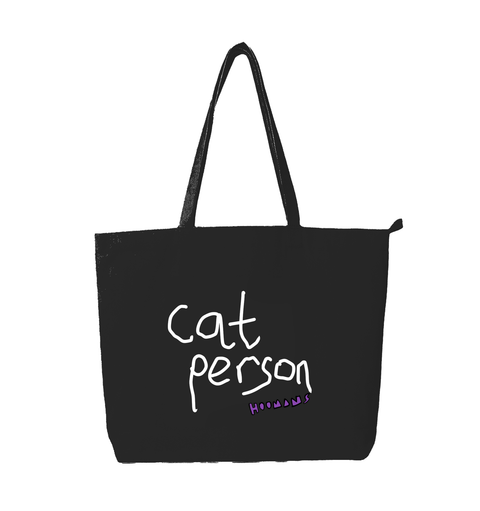 Cat Person black cotton tote bag with cat person hand lettered in white and a purple HOOMANS signature