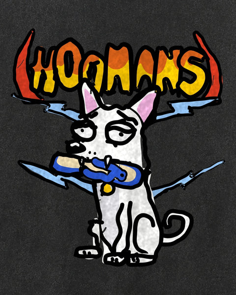Close-up of the Chappal Thief print: a white dog with heavy-lidded eyes biting a blue hawai chappal, flame-coloured hoomans lettering and blue lightning bolts