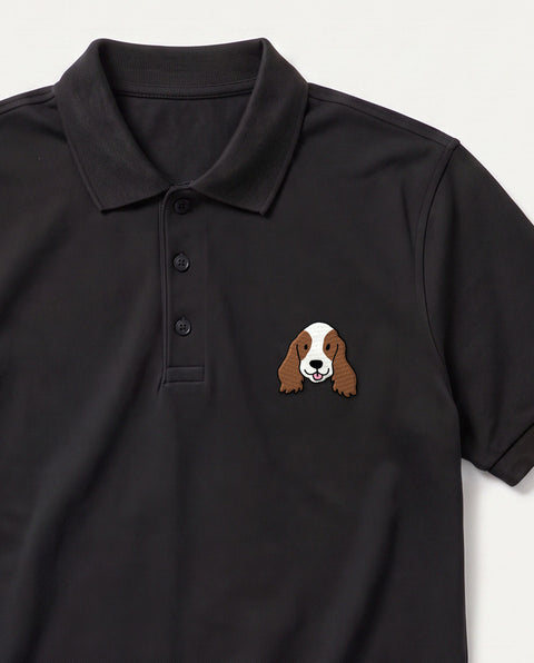 Black embroidered Cocker Spaniel polo, close-up of collar, button placket, and satin-stitch chest patch