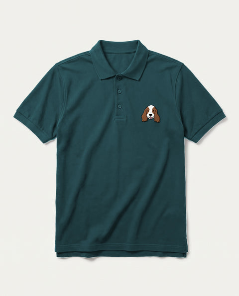 Petrol Blue polo shirt with embroidered Cocker Spaniel face on the chest, front flat lay