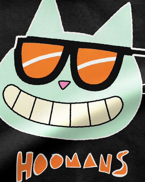 Close-up of the mint cat in orange sunglasses above the hoomans wordmark printed on black cotton fleece