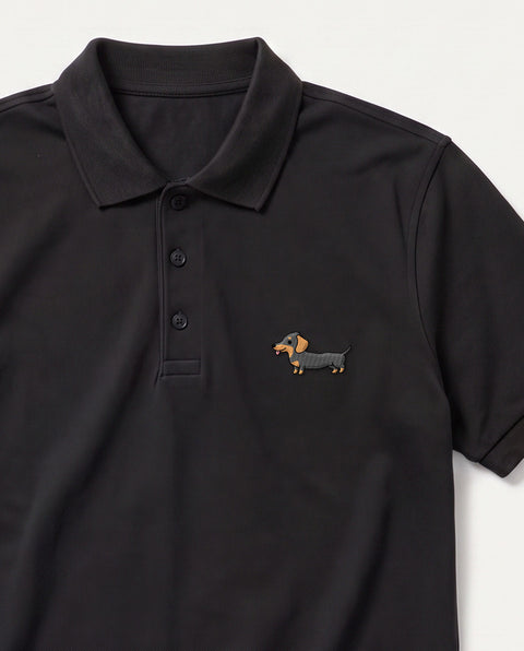 Black embroidered Dachshund polo, close-up of collar, button placket, and satin-stitch chest patch