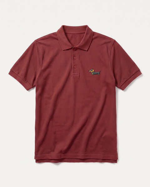 Brick Red polo shirt with embroidered full-body Dachshund on the chest, front flat lay