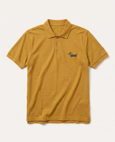 Mustard Yellow polo shirt with embroidered full-body Dachshund on the chest, front flat lay