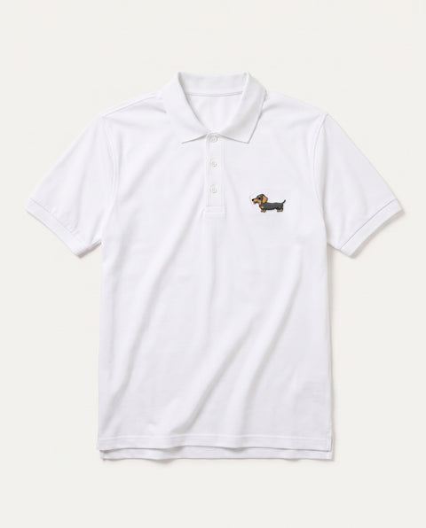 White polo shirt with embroidered full-body Dachshund on the chest, front flat lay
