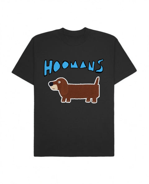 Black oversized tee with a big blue Hoomans logo over a flat colour dachshund standing side on, front flat lay