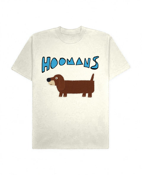 Off White oversized tee with a big blue Hoomans logo over a flat colour dachshund standing side on, front flat lay