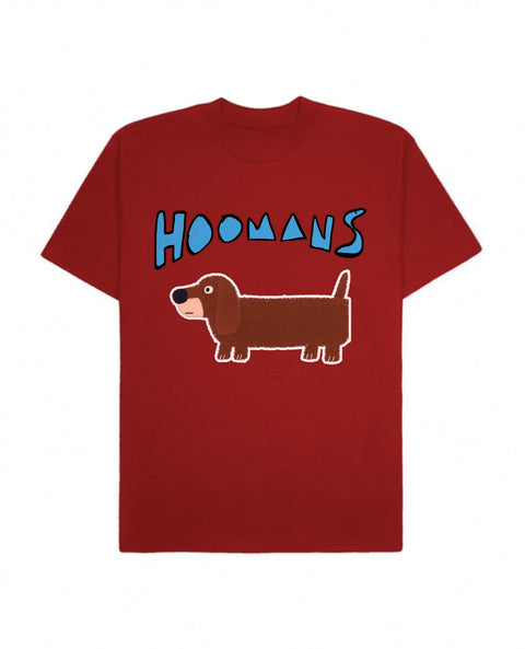 Red oversized tee with a big blue Hoomans logo over a flat colour dachshund standing side on, front flat lay
