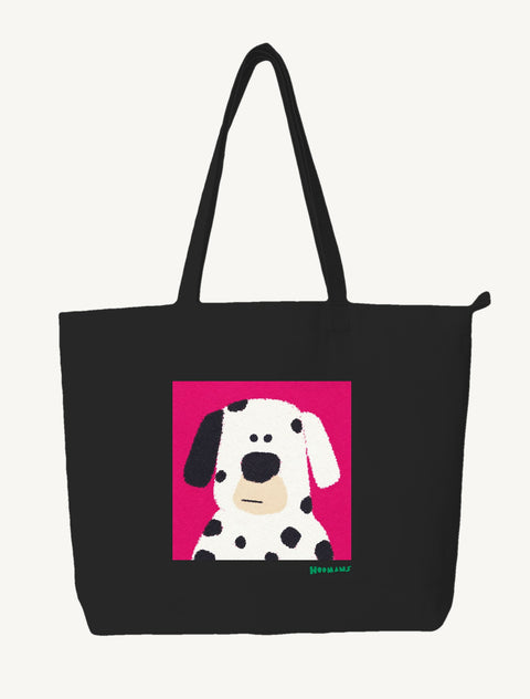 Black large canvas tote bag with a flat colour spotted Dalmatian on a magenta block and an emerald green Hoomans wordmark, front view