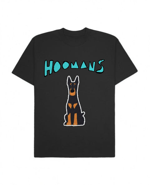 Black oversized tee with a big turquoise Hoomans logo over a flat colour doberman sitting tall, front flat lay