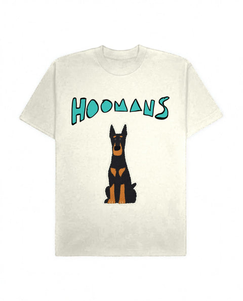 Off White oversized tee with a big turquoise Hoomans logo over a flat colour doberman sitting tall, front flat lay