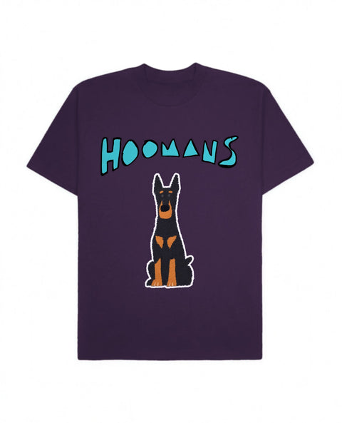 Purple oversized tee with a big turquoise Hoomans logo over a flat colour doberman sitting tall, front flat lay