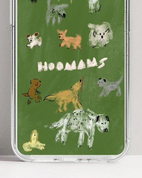 Close-up of the Dog Park print on the clear case: hand-drawn dogs and the hoomans wordmark on olive green