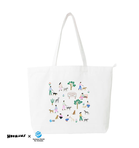 Dog Park large white cotton tote bag printed with an illustrated park of dogs, people and a HOOMANS PARK sign