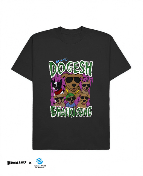 Dogesh Bhai Ki Gang oversized tee in black, bootleg rap tee graphic of indie dogs in aviators