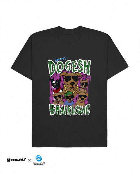 Dogesh Bhai Ki Gang oversized tee in black, bootleg rap tee graphic of indie dogs in aviators and a gold chain, Hoomans x Humane World for Animals India lockup