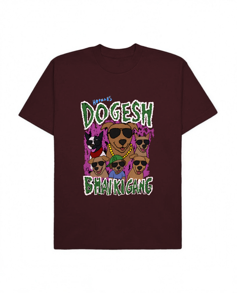 Dogesh Bhai Ki Gang oversized tee in maroon, bootleg rap tee graphic of indie dogs in aviators