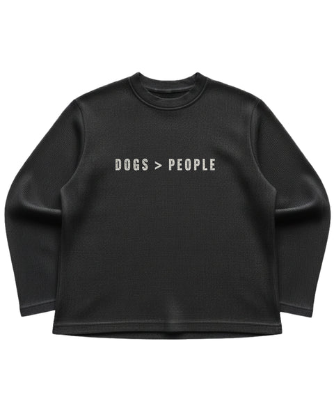 Black waffle knit oversized full sleeve tee with small white DOGS > PEOPLE lettering across the chest, front flat lay