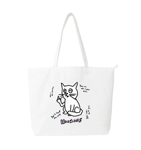 Dont Feed The Cats white cotton tote bag printed with a cat raising a finger beside handwritten cat superstitions