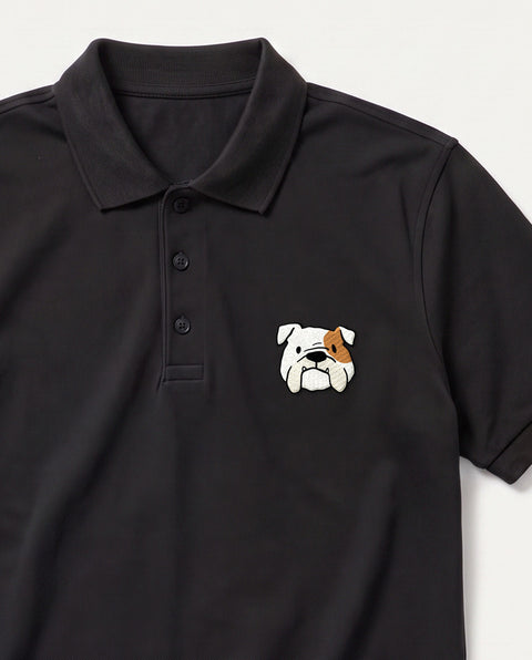 Black embroidered English Bulldog polo, close-up of collar, button placket, and satin-stitch chest patch
