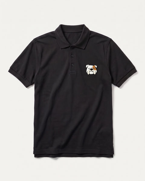 Black polo shirt with embroidered English Bulldog face on the chest, front flat lay