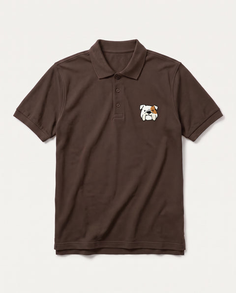 Coffee Brown polo shirt with embroidered English Bulldog face on the chest, front flat lay