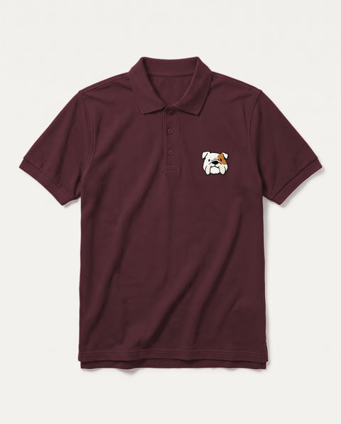 Maroon polo shirt with embroidered English Bulldog face on the chest, front flat lay
