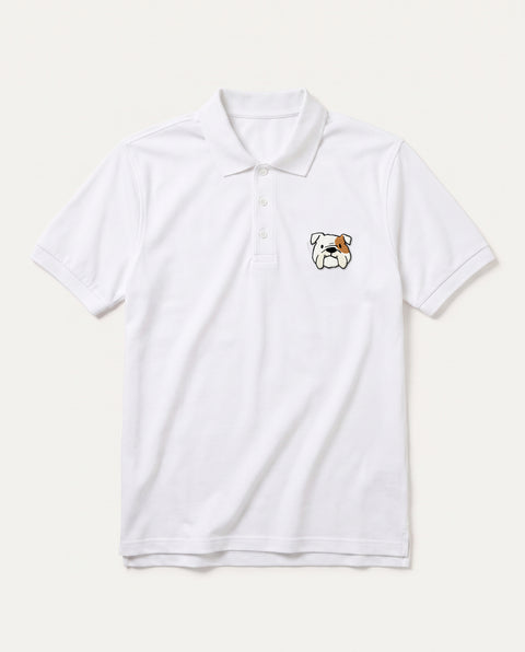 White polo shirt with embroidered English Bulldog face on the chest, front flat lay