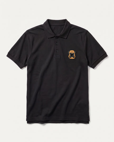 Black polo shirt with embroidered English Mastiff face on the chest, front flat lay