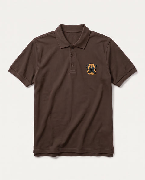 Coffee Brown polo shirt with embroidered English Mastiff face on the chest, front flat lay
