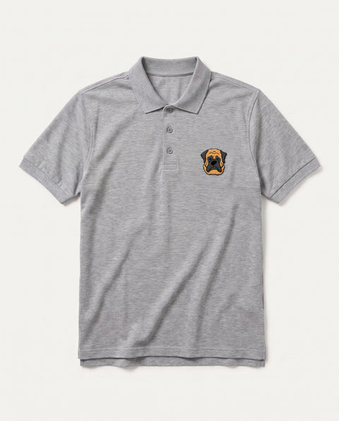 Grey Melange polo shirt with embroidered English Mastiff face on the chest, front flat lay
