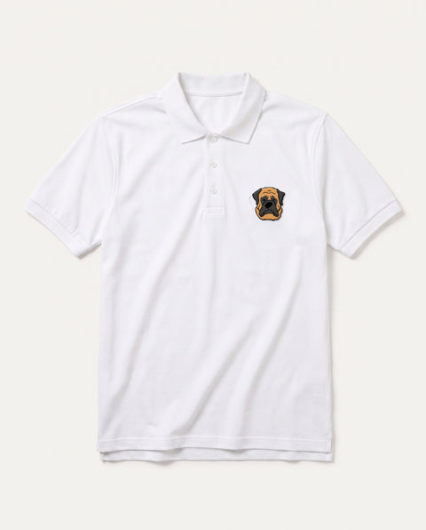 White polo shirt with embroidered English Mastiff face on the chest, front flat lay