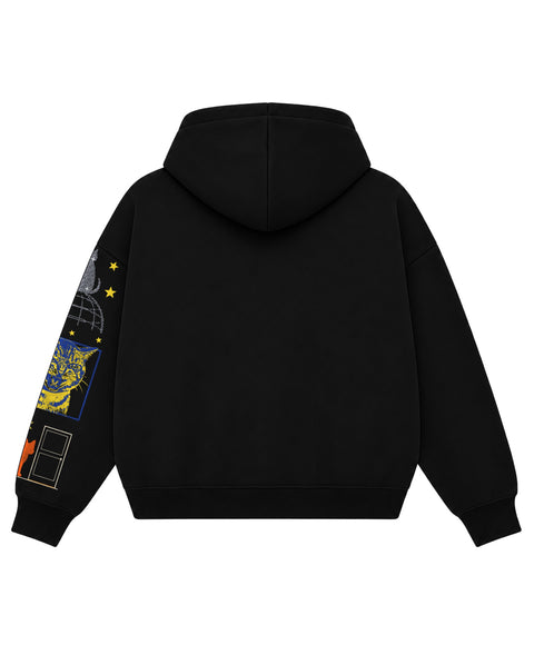Black boxy hoodie, plain back, flat lay